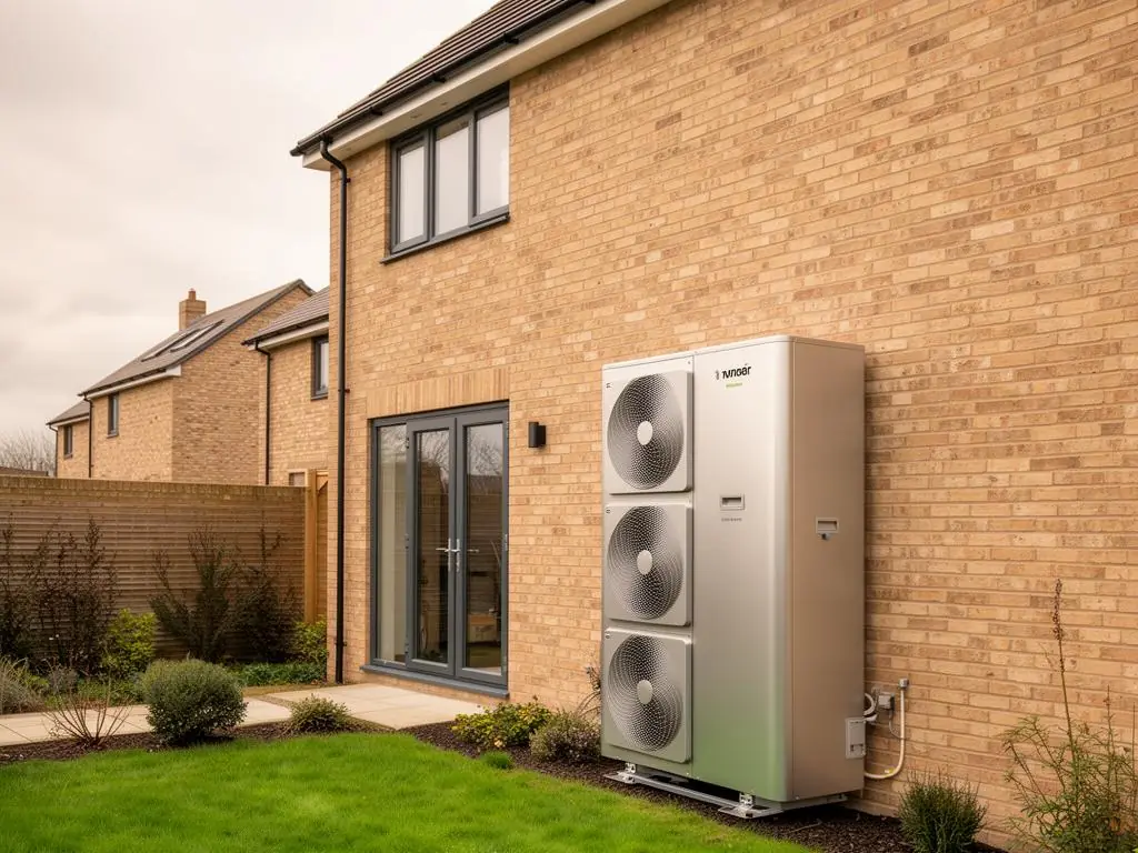Air source heat pump installed beside a UK home